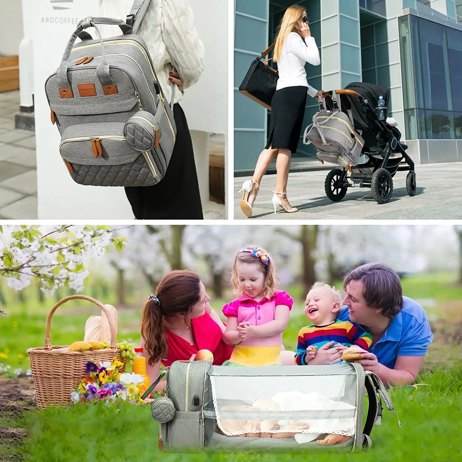 3 In 1 Diaper Bag Backpack Foldable Baby Bed Waterproof Travel Bag with USB Charge Diaper Bag Backpack with Changing Bed 3 types 6